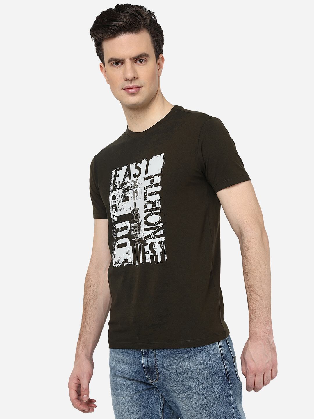 Olive Green Printed Slim Fit T-Shirt | pehervi