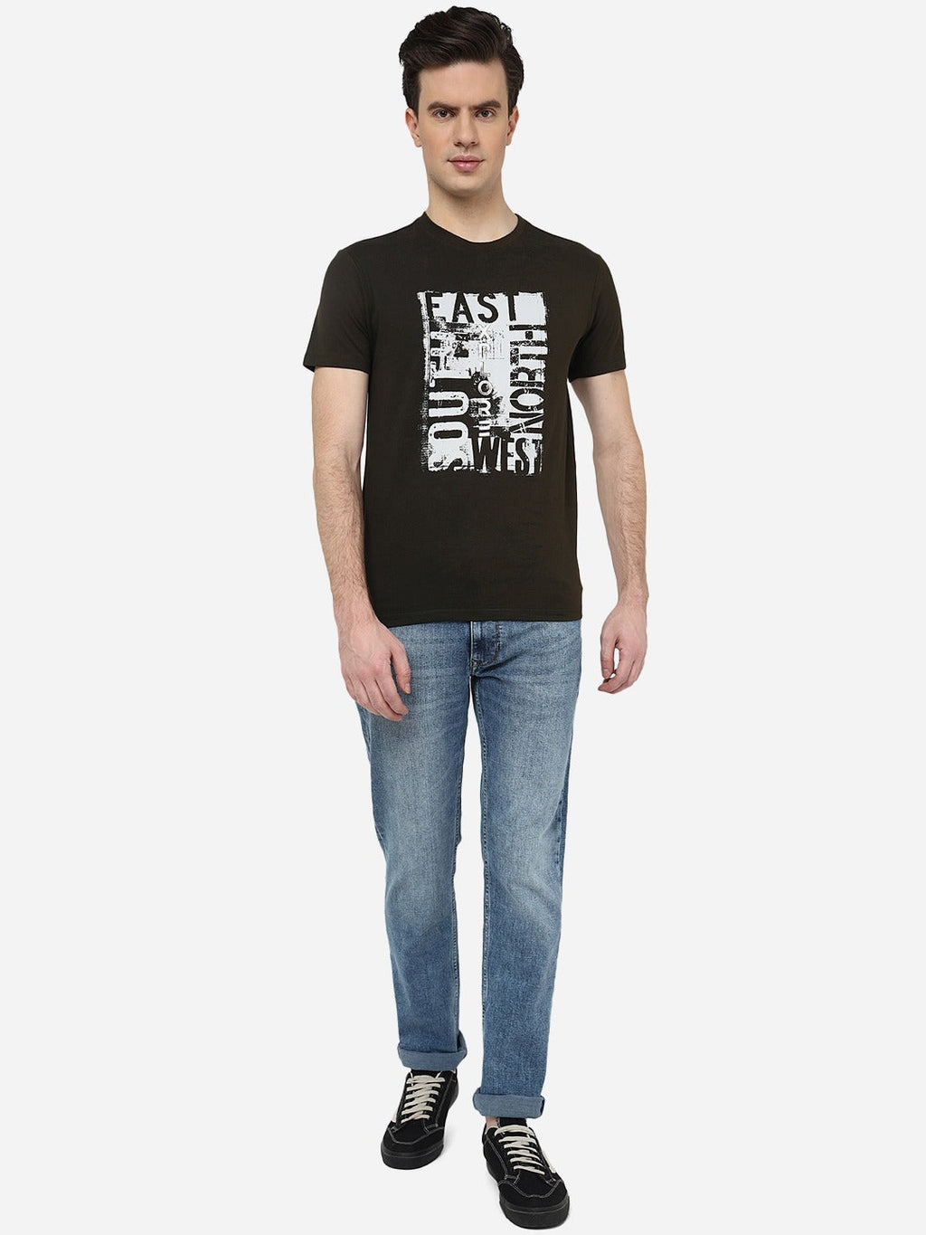 Olive Green Printed Slim Fit T-Shirt | pehervi