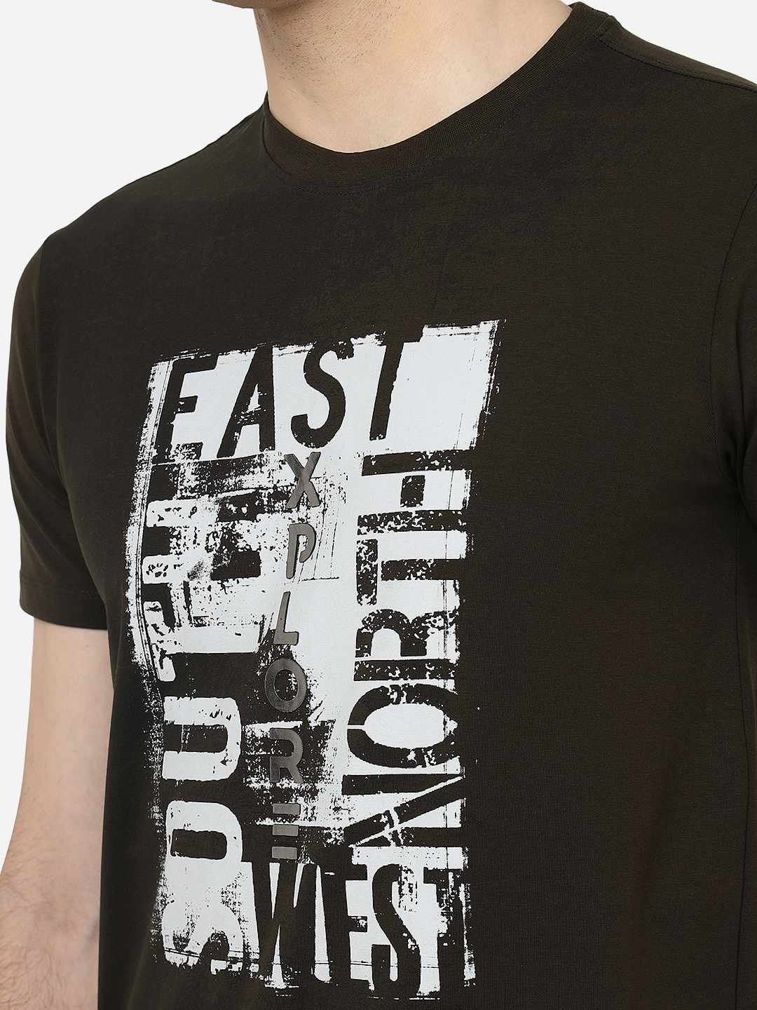 Olive Green Printed Slim Fit T-Shirt | pehervi