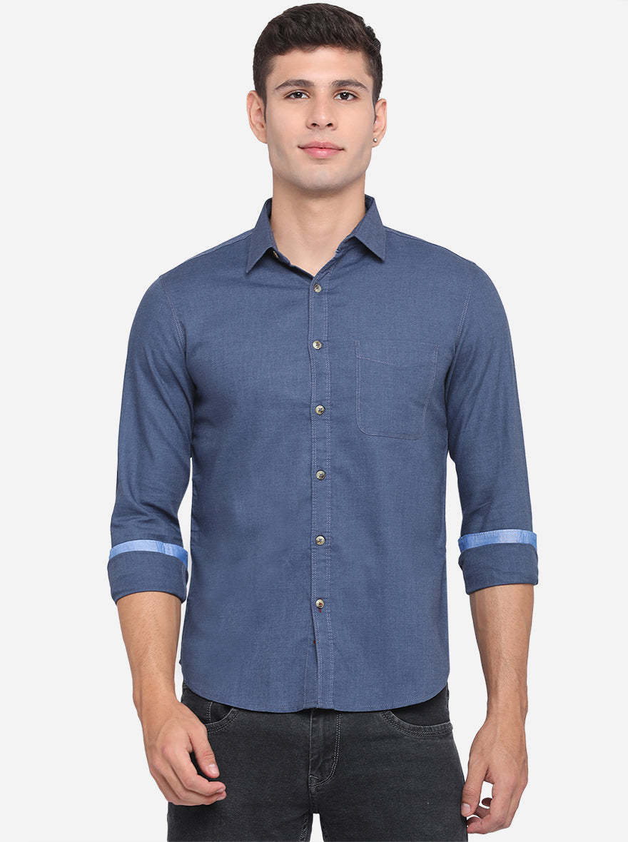 Insignia Blue Solid Slim Fit Semi Casual Shirt | Pehervi
