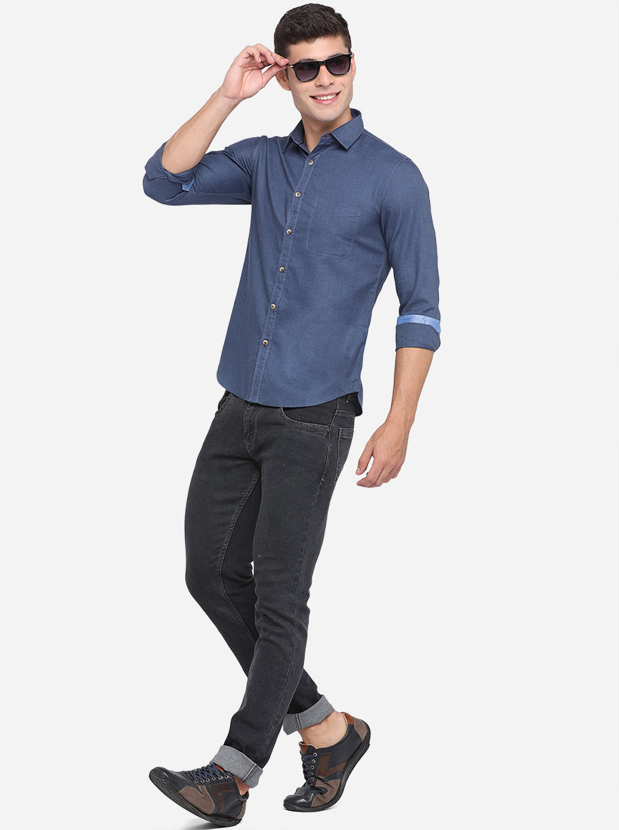 Insignia Blue Solid Slim Fit Semi Casual Shirt | Pehervi