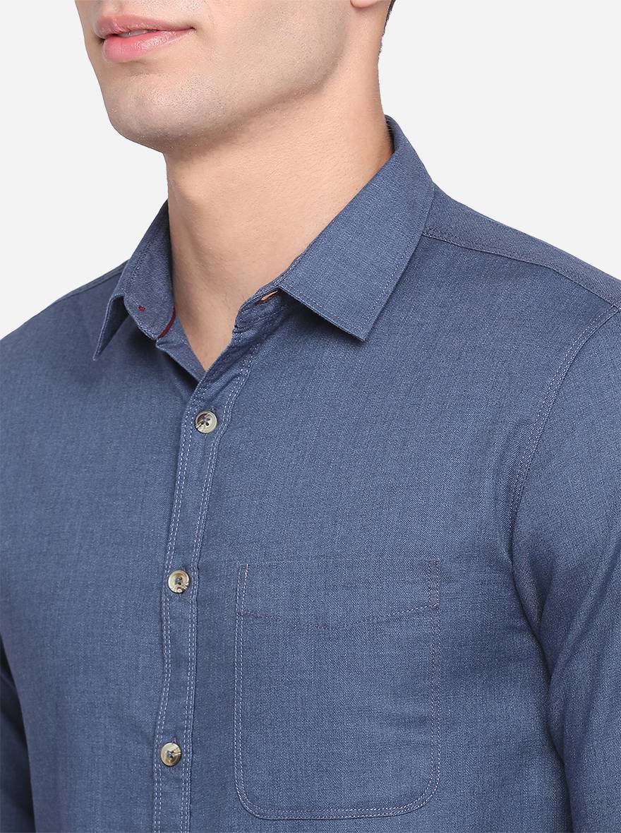 Insignia Blue Solid Slim Fit Semi Casual Shirt | Pehervi