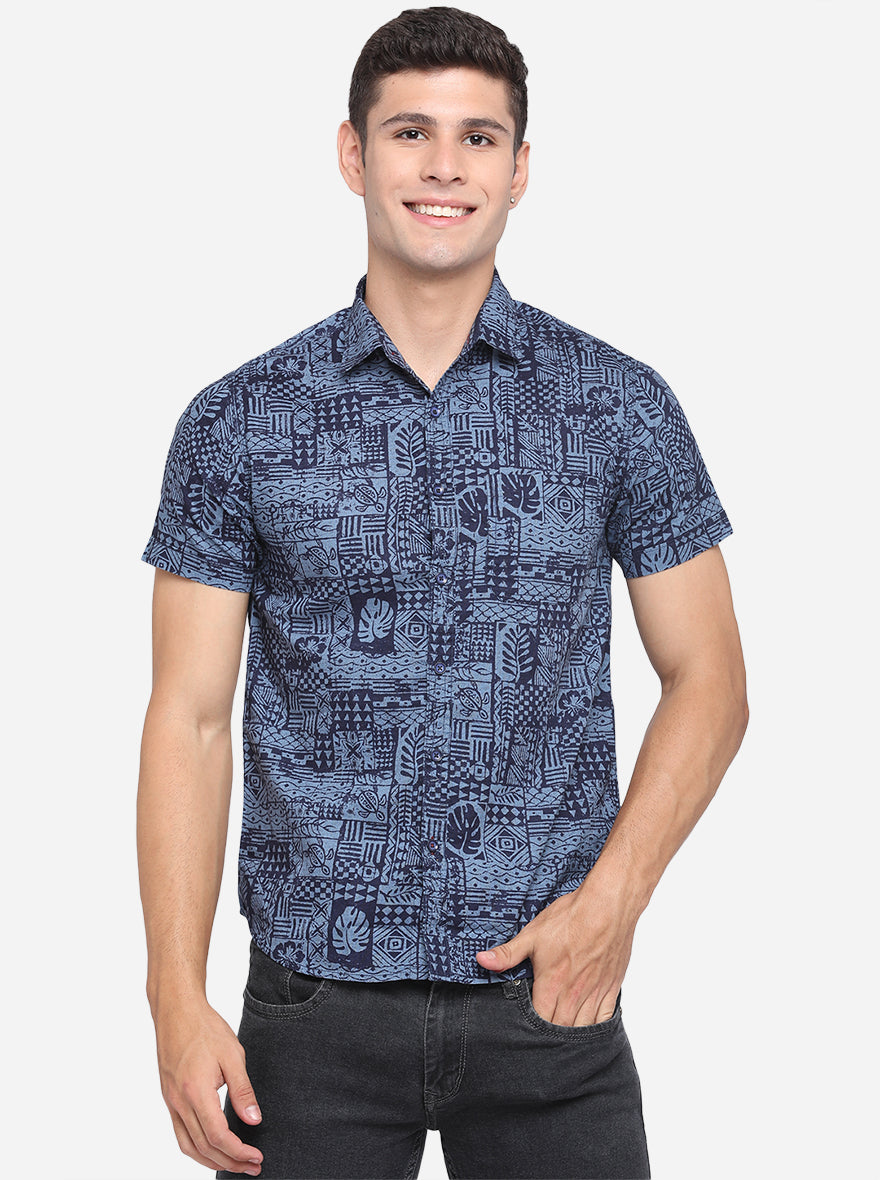 Brilliant Blue Printed Slim Fit Semi Casual Shirt | Pehervi