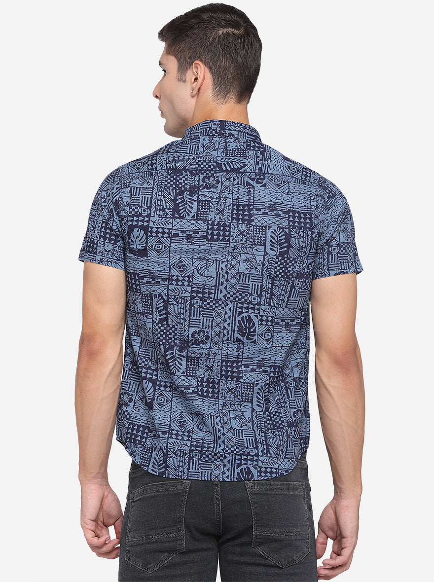 Brilliant Blue Printed Slim Fit Semi Casual Shirt | Pehervi