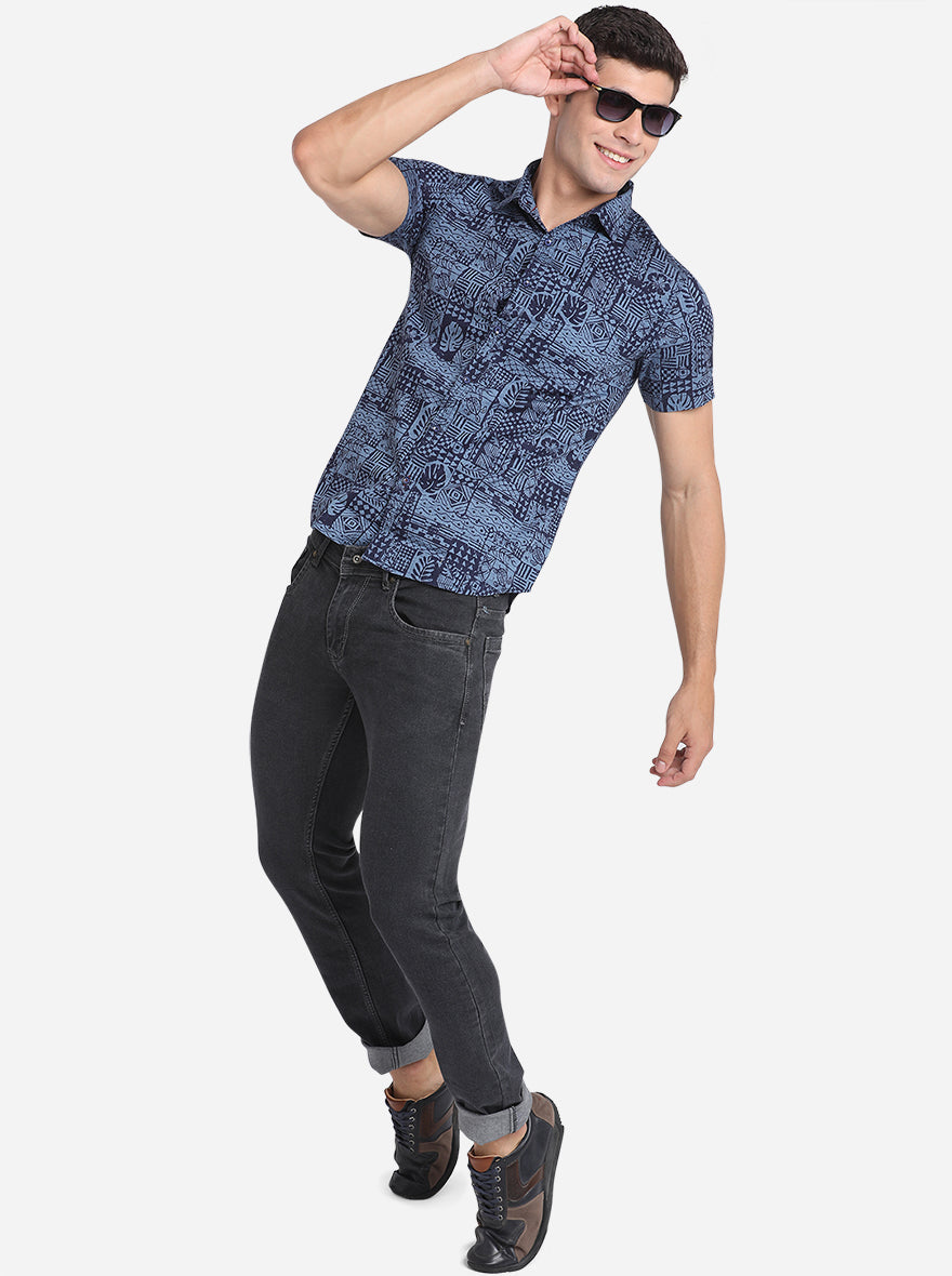 Brilliant Blue Printed Slim Fit Semi Casual Shirt | Pehervi