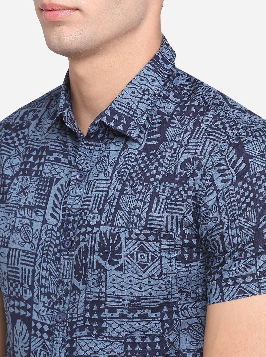 Brilliant Blue Printed Slim Fit Semi Casual Shirt | Pehervi
