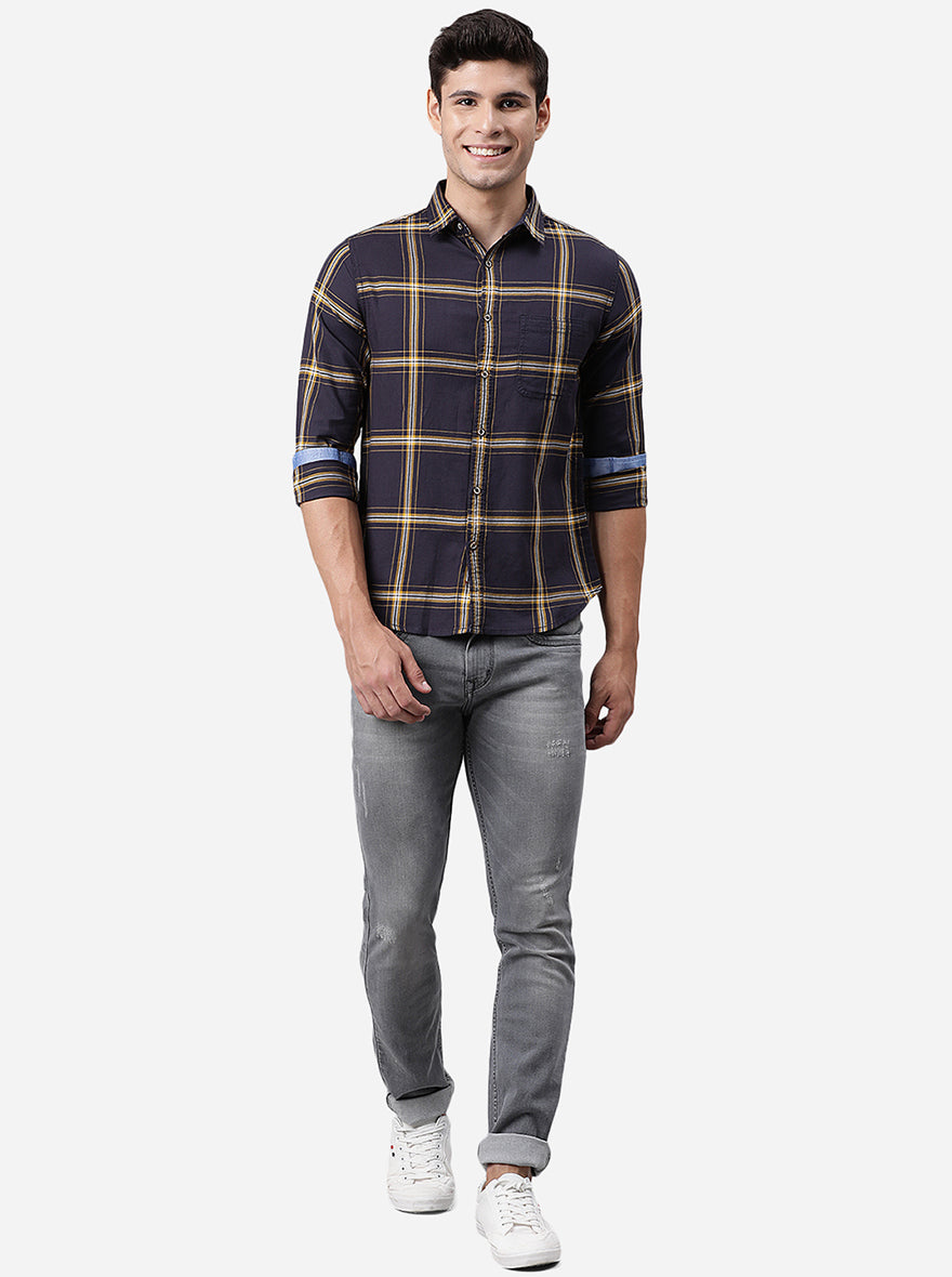 Night Blue Checked Slim Fit Semi Casual Shirt | Pehervi