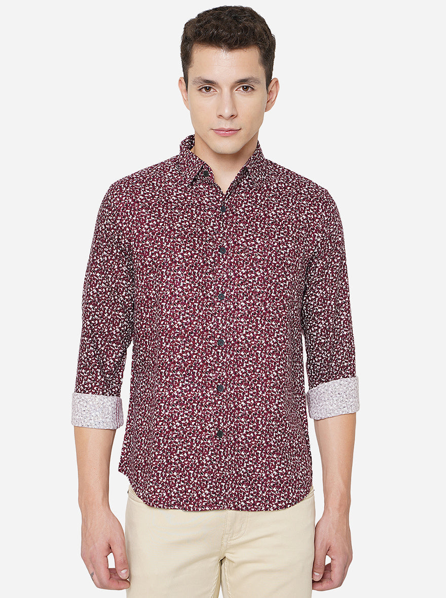Wine Printed Slim Fit Semi Casual Shirt | Pehervi