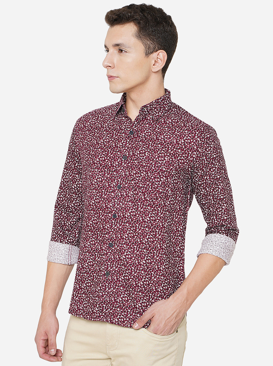 Wine Printed Slim Fit Semi Casual Shirt | Pehervi