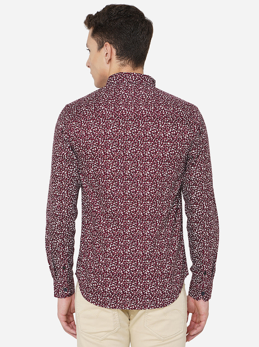 Wine Printed Slim Fit Semi Casual Shirt | Pehervi