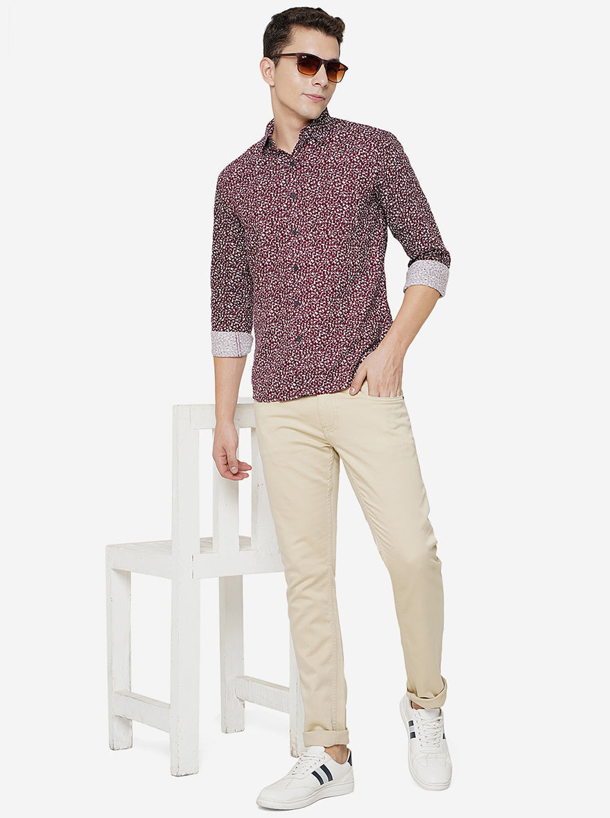 Wine Printed Slim Fit Semi Casual Shirt | Pehervi