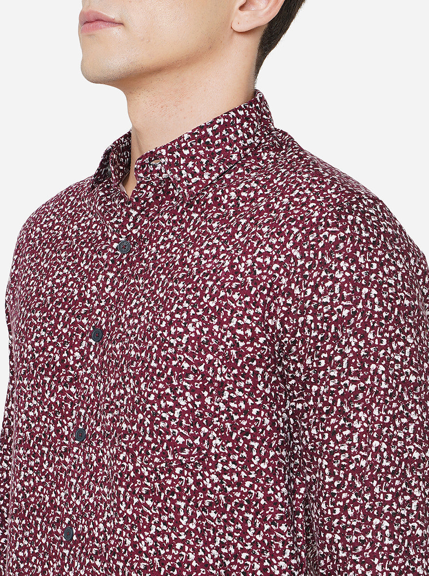 Wine Printed Slim Fit Semi Casual Shirt | Pehervi