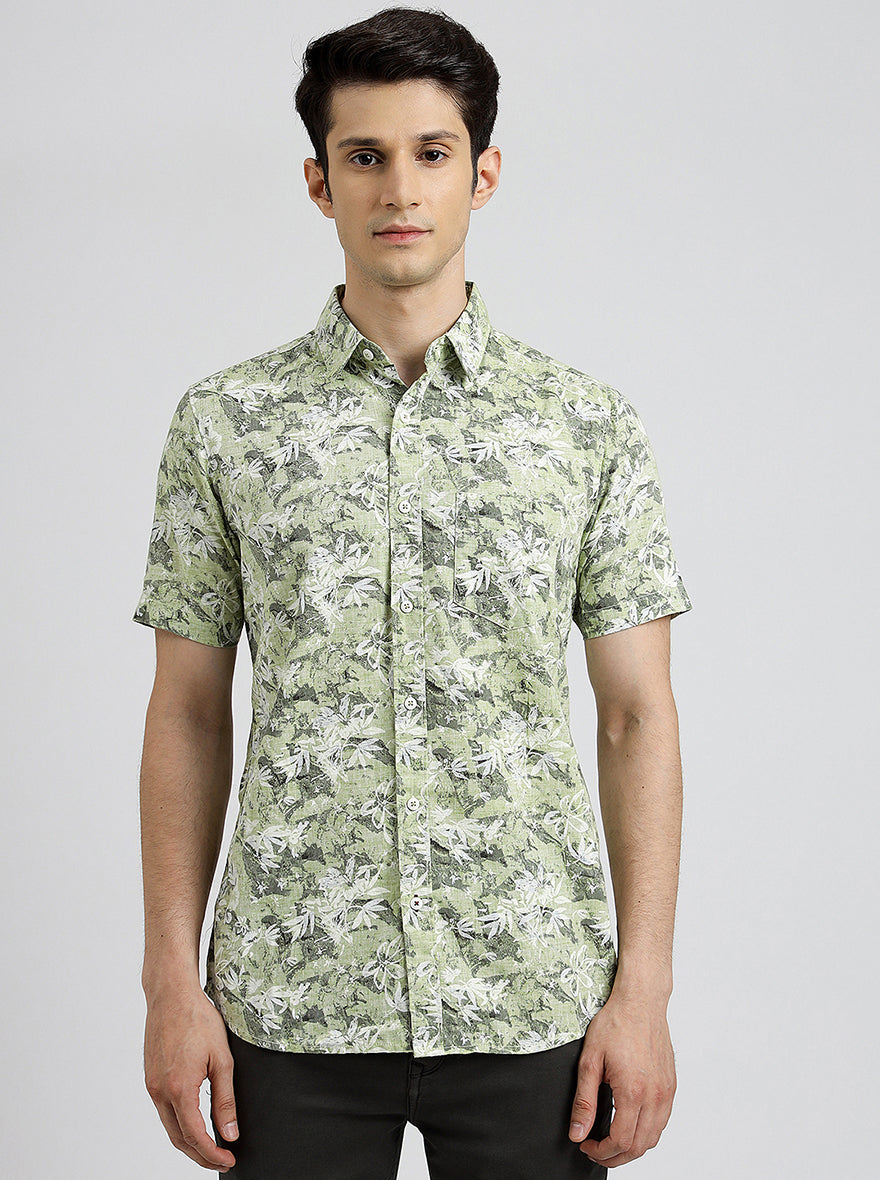 Green Printed Slim Fit Casual Shirt | pehervi