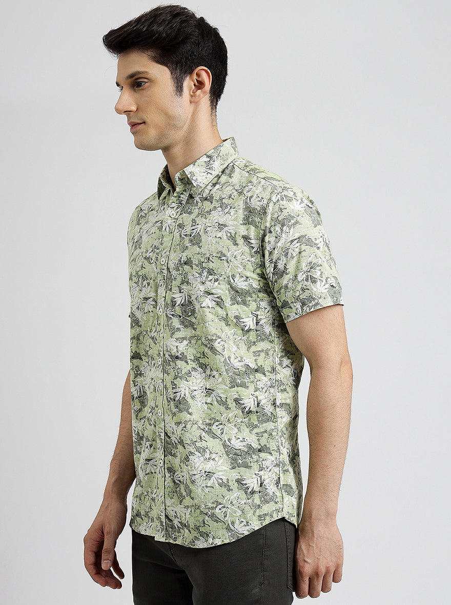 Green Printed Slim Fit Casual Shirt | pehervi