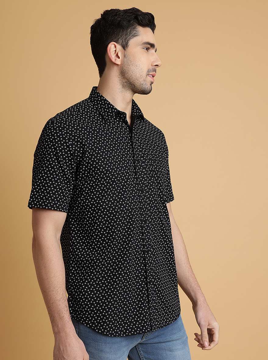Black Printed Slim Fit Semi Casual Shirt | Pehervi