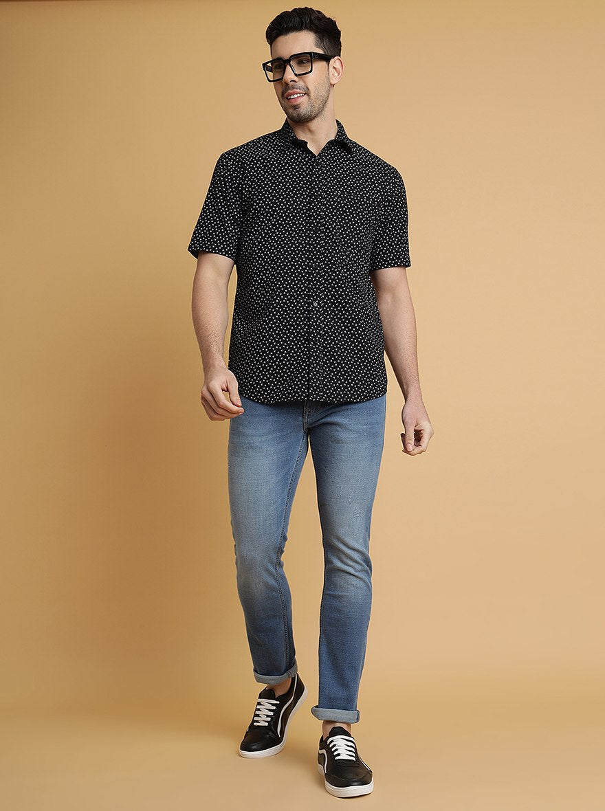 Black Printed Slim Fit Semi Casual Shirt | Pehervi