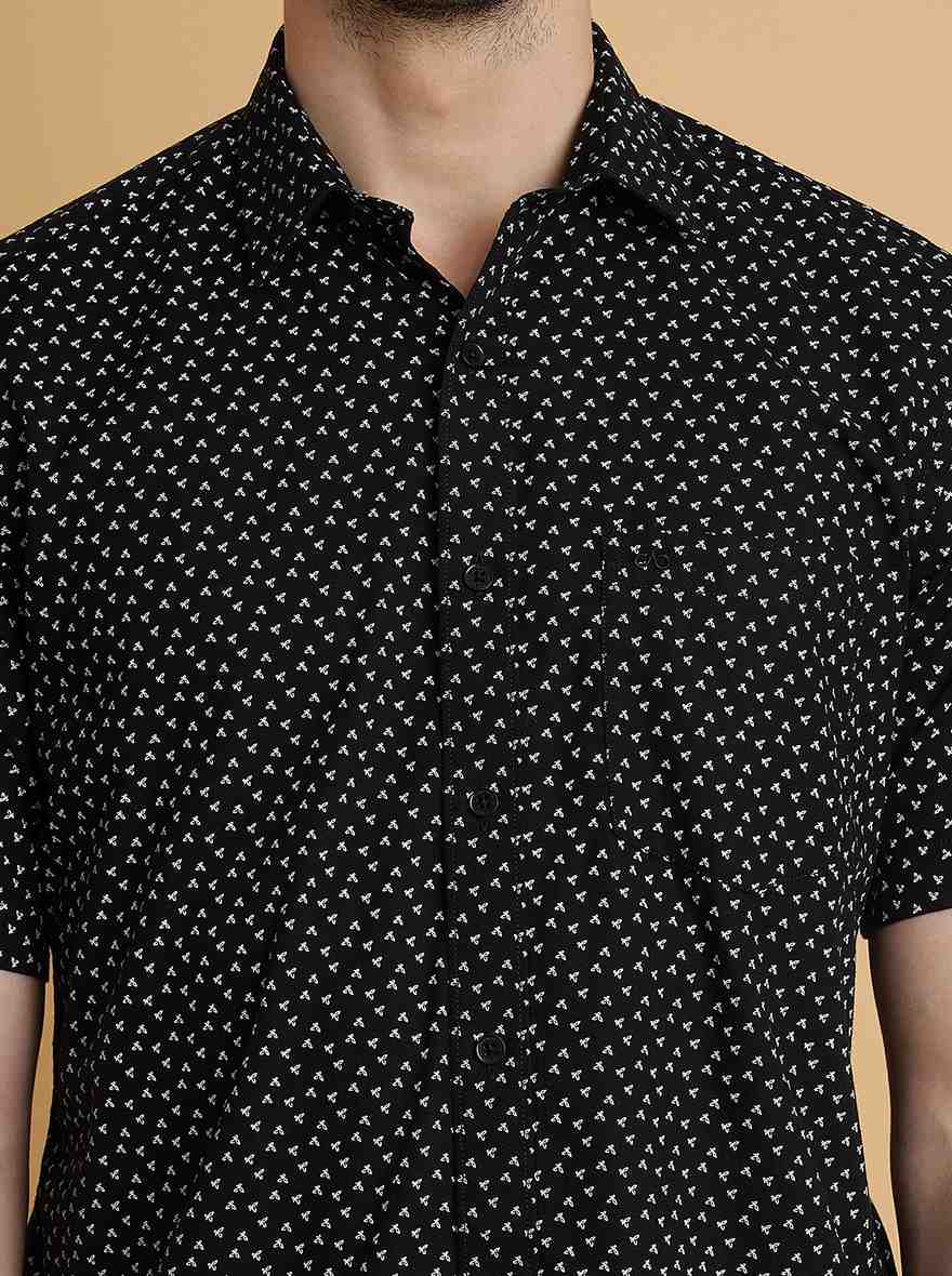Black Printed Slim Fit Semi Casual Shirt | Pehervi