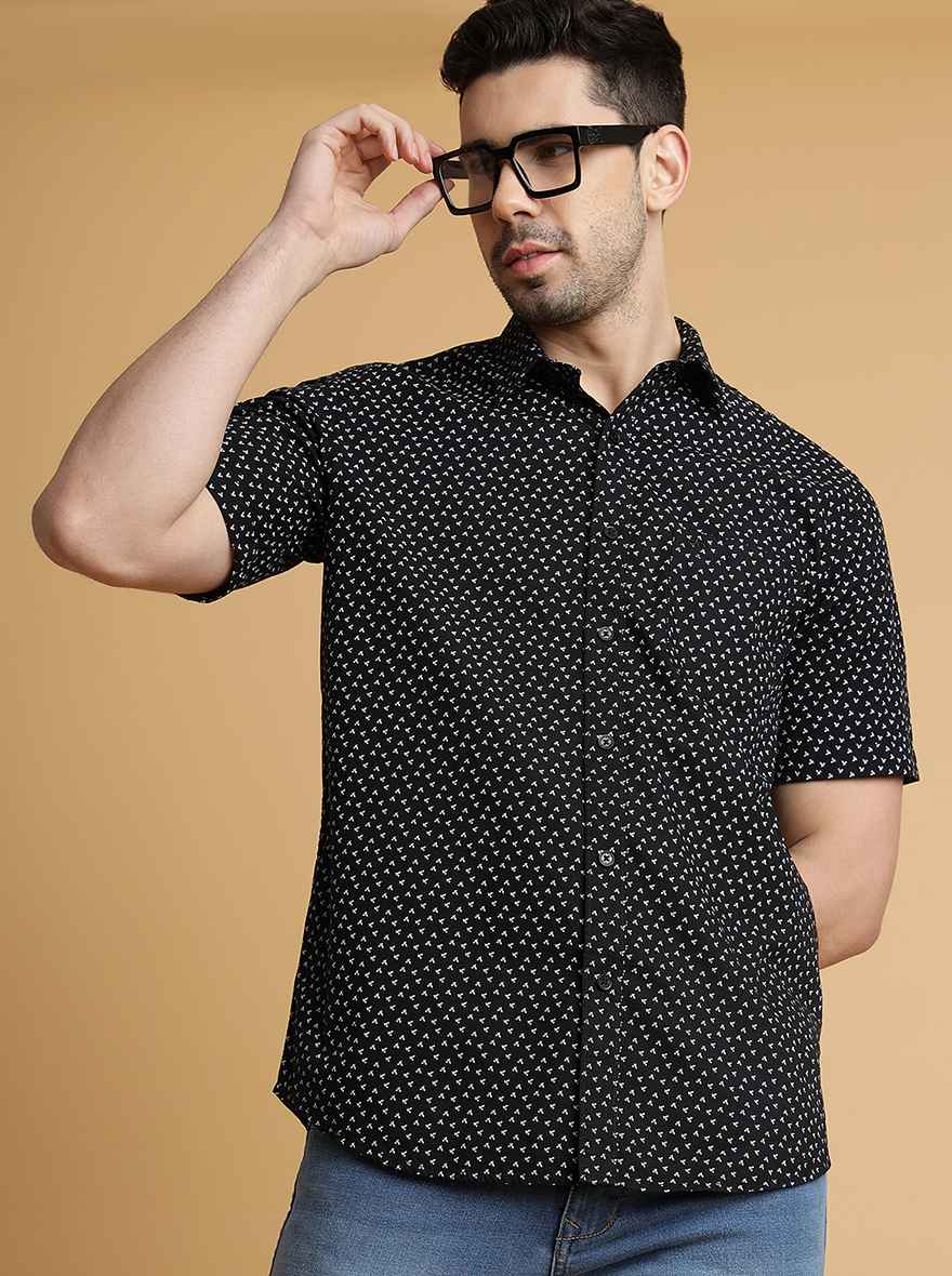 Black Printed Slim Fit Semi Casual Shirt | Pehervi