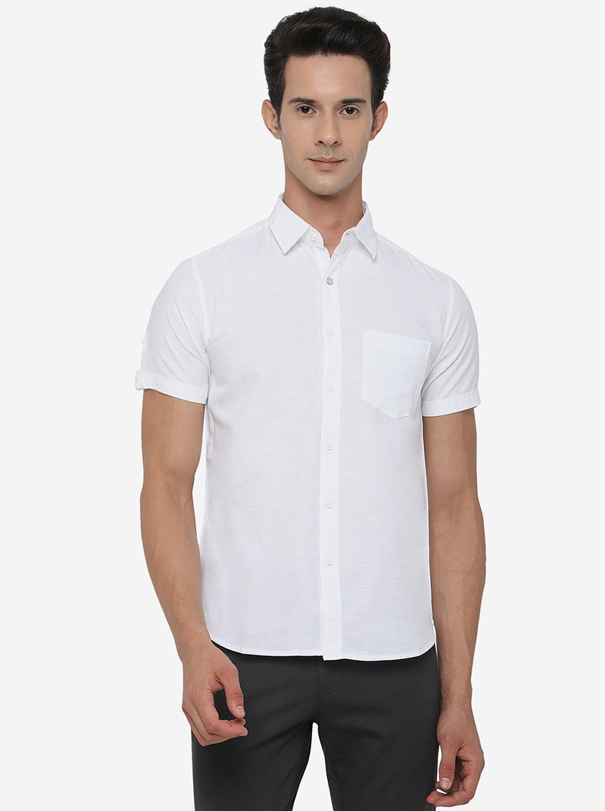 White Solid Slim Fit Semi Casual Shirt | Pehervi