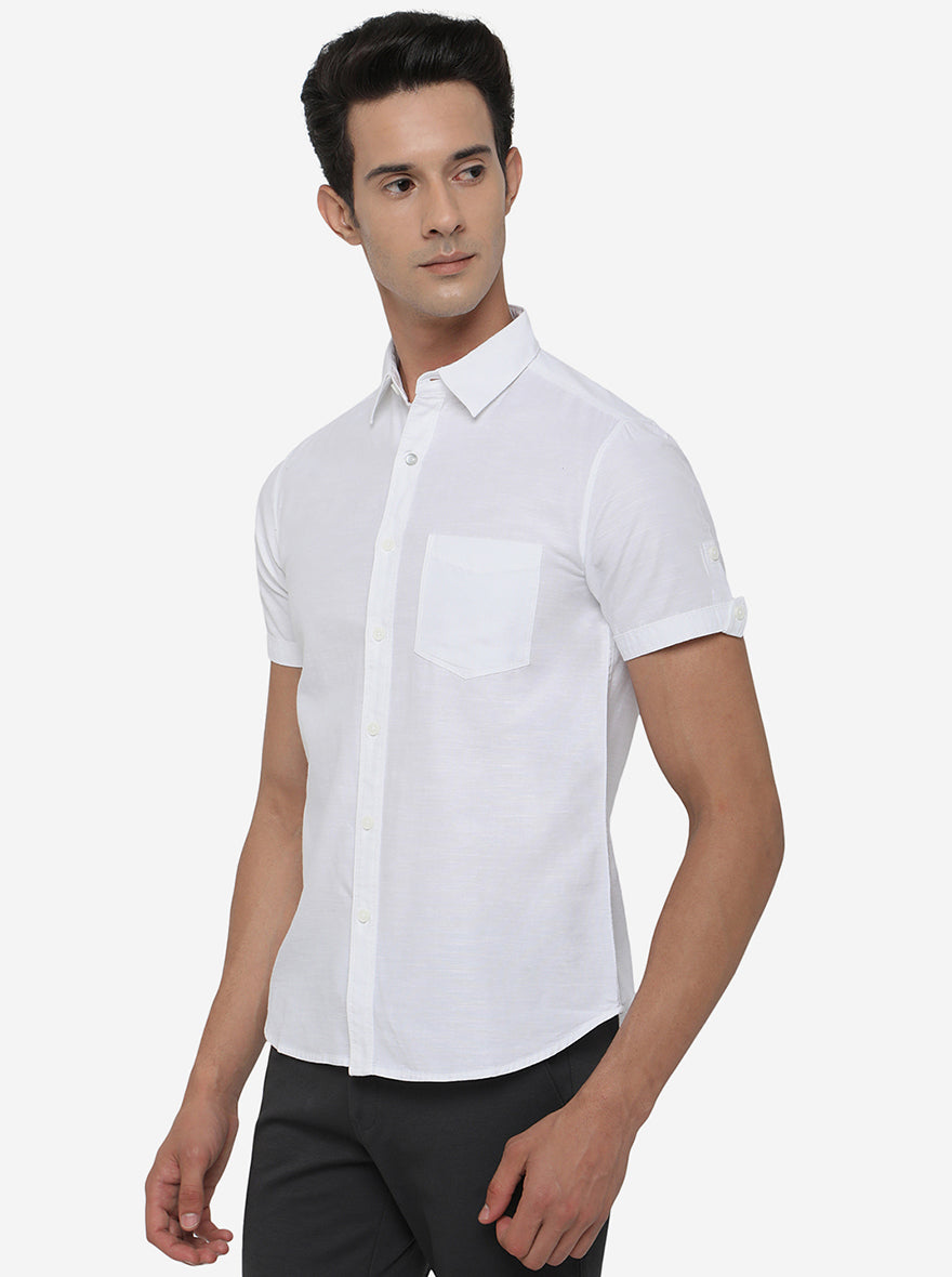 White Solid Slim Fit Semi Casual Shirt | Pehervi