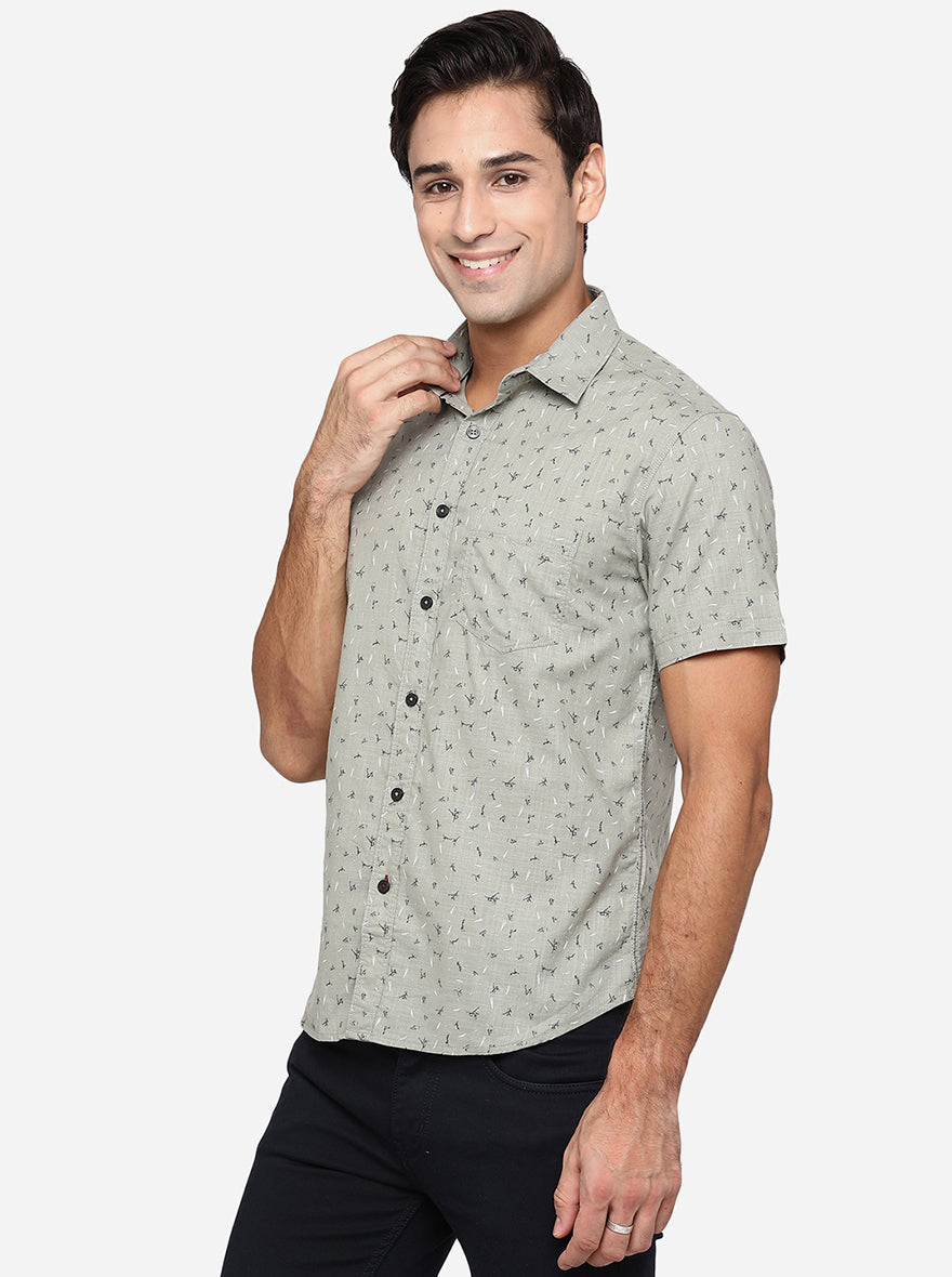 Stone Grey Printed Slim Fit Semi Casual Shirt | Pehervi