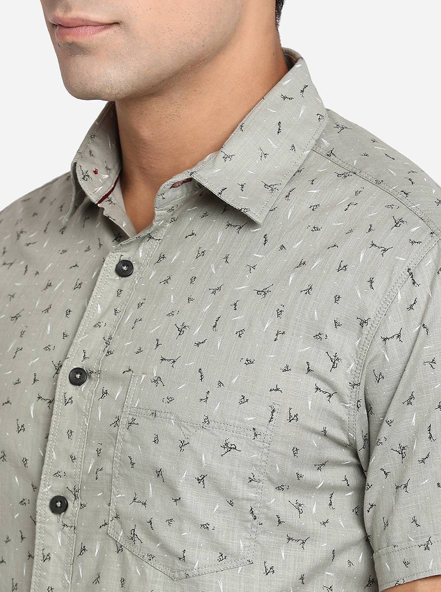 Stone Grey Printed Slim Fit Semi Casual Shirt | Pehervi