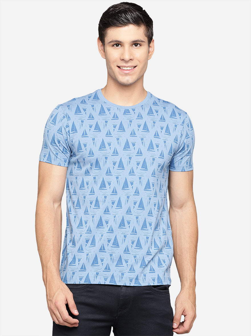 Sky Blue Printed Slim Fit T-Shirt | pehervi