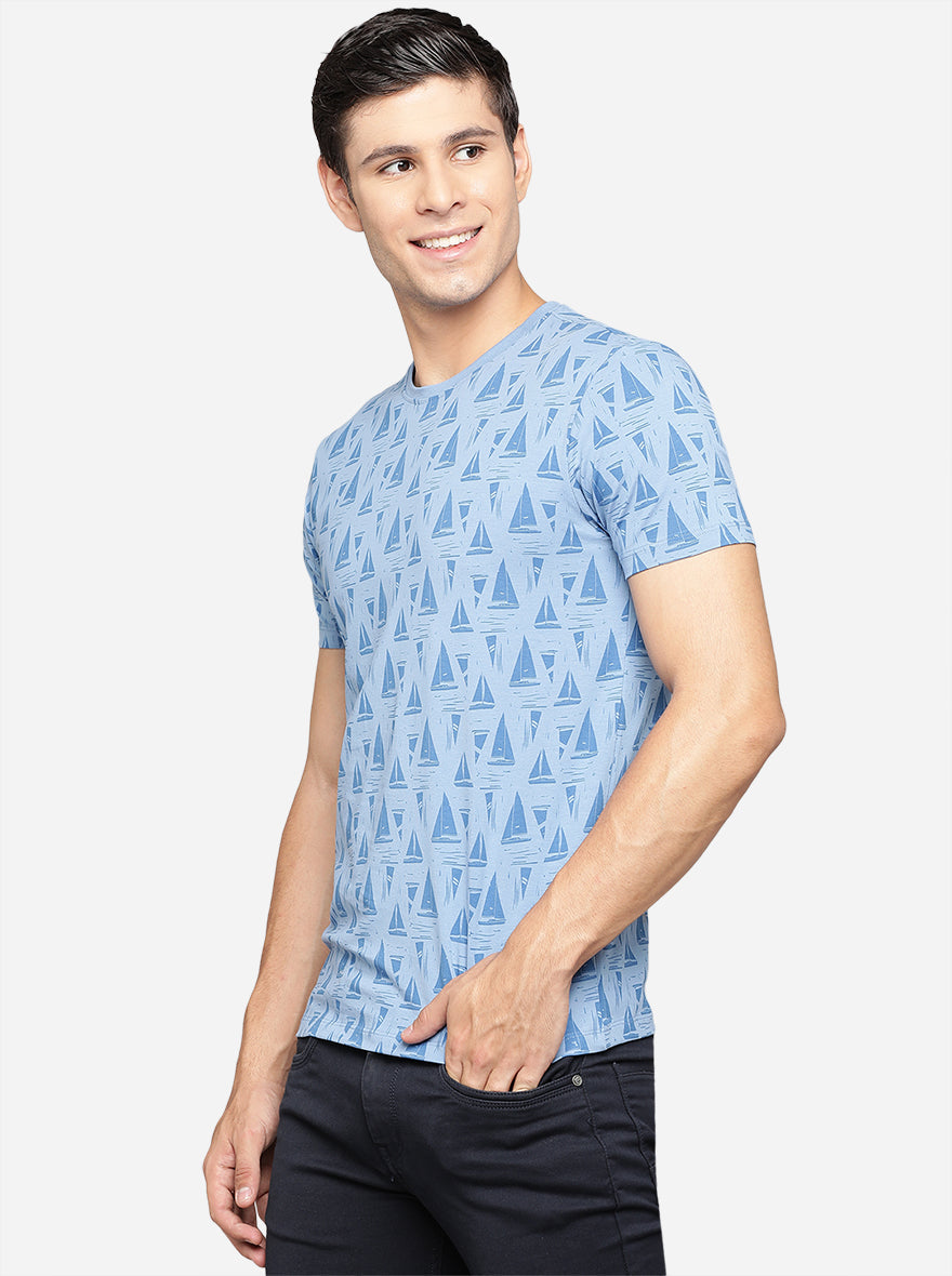 Sky Blue Printed Slim Fit T-Shirt | pehervi