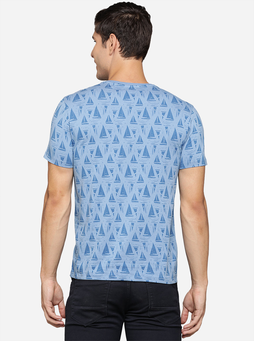 Sky Blue Printed Slim Fit T-Shirt | pehervi