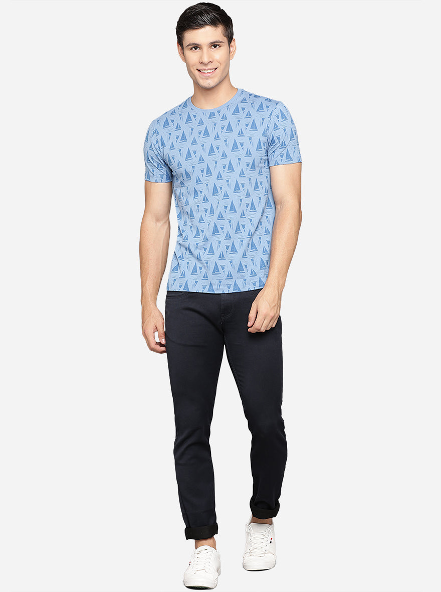 Sky Blue Printed Slim Fit T-Shirt | pehervi