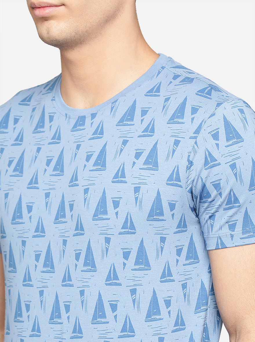 Sky Blue Printed Slim Fit T-Shirt | pehervi