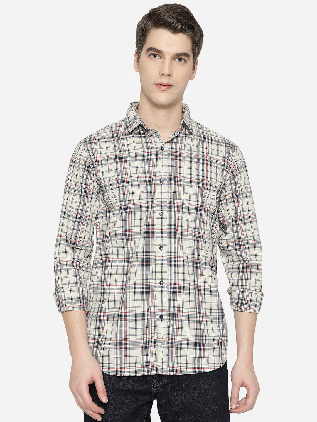 Stone Grey Checked Slim Fit Semi Casual Shirt | Pehervi