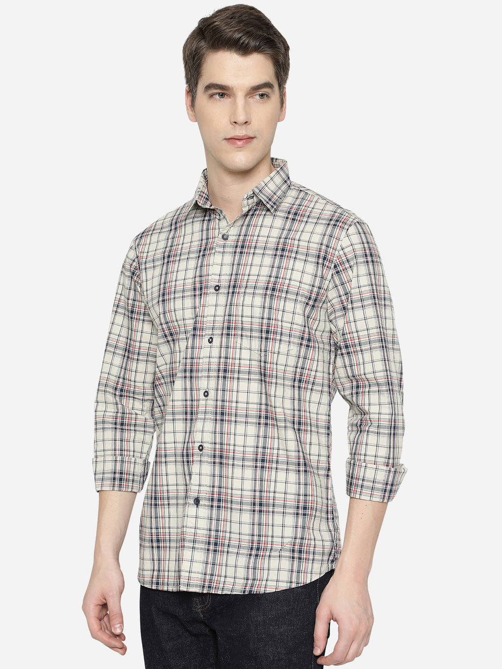 Stone Grey Checked Slim Fit Semi Casual Shirt | Pehervi