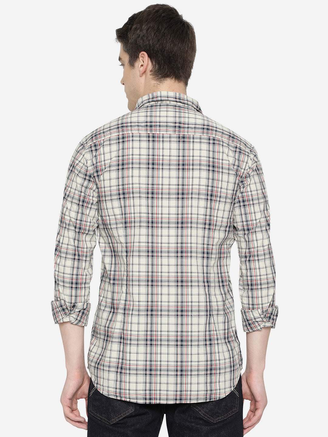 Stone Grey Checked Slim Fit Semi Casual Shirt | Pehervi