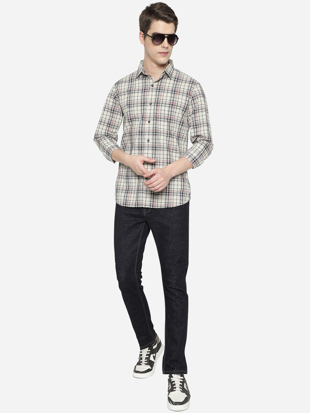 Stone Grey Checked Slim Fit Semi Casual Shirt | Pehervi