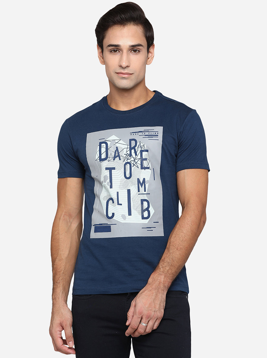 Navy Blue Printed Slim Fit T-Shirt | pehervi