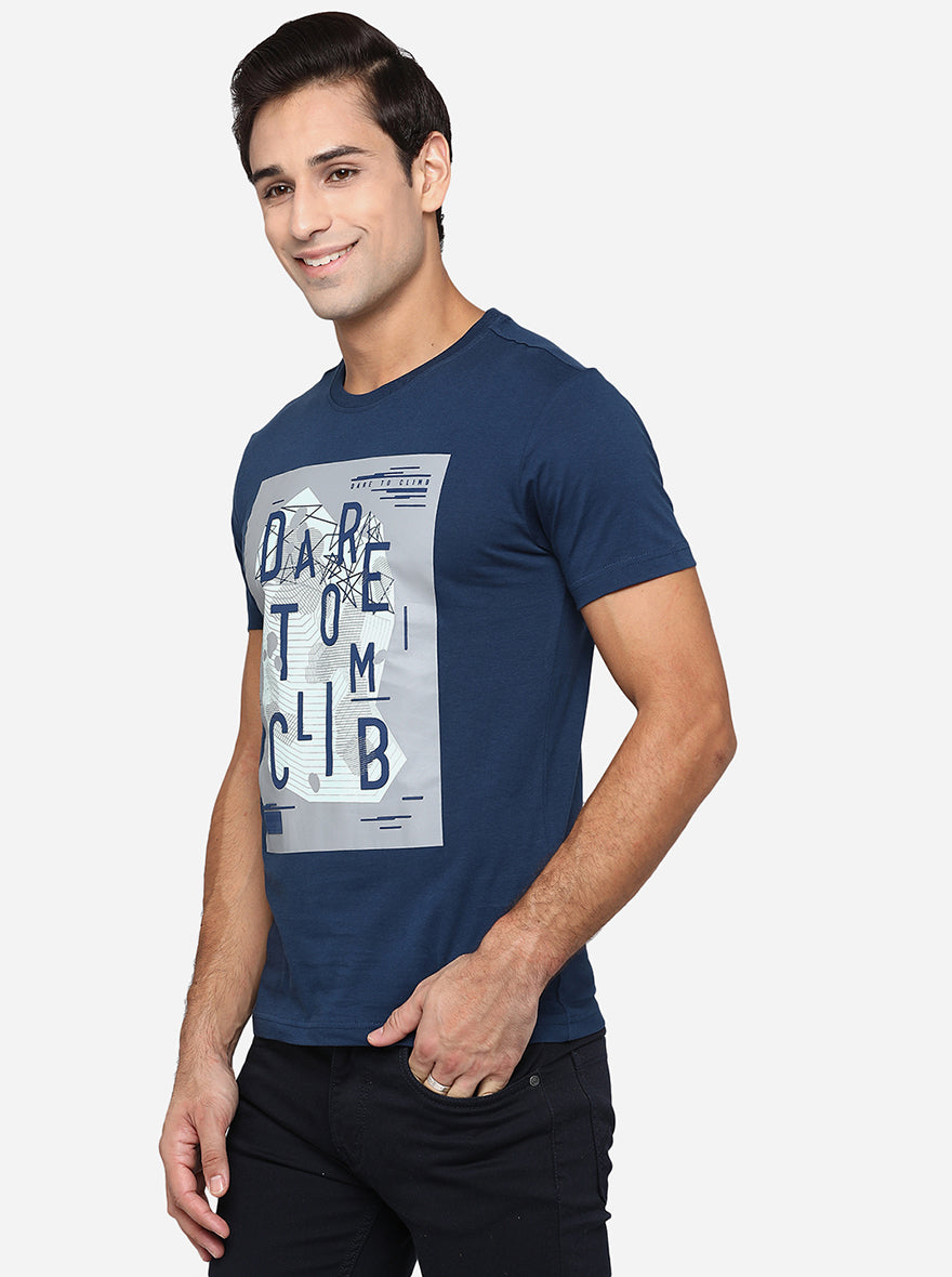 Navy Blue Printed Slim Fit T-Shirt | pehervi
