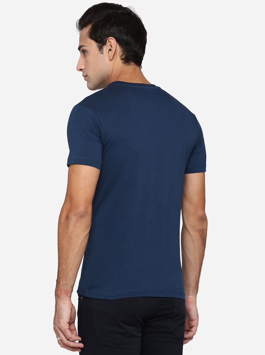 Navy Blue Printed Slim Fit T-Shirt | pehervi
