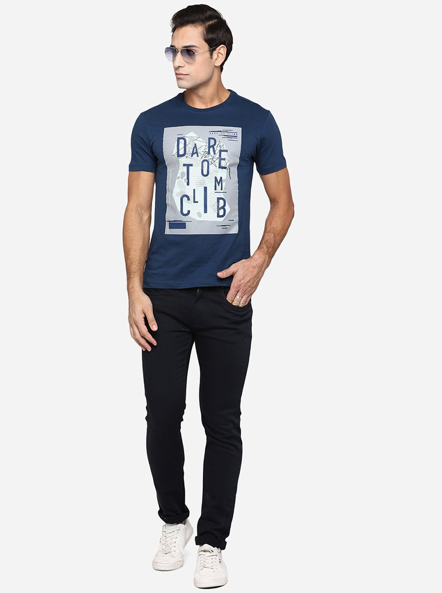 Navy Blue Printed Slim Fit T-Shirt | pehervi