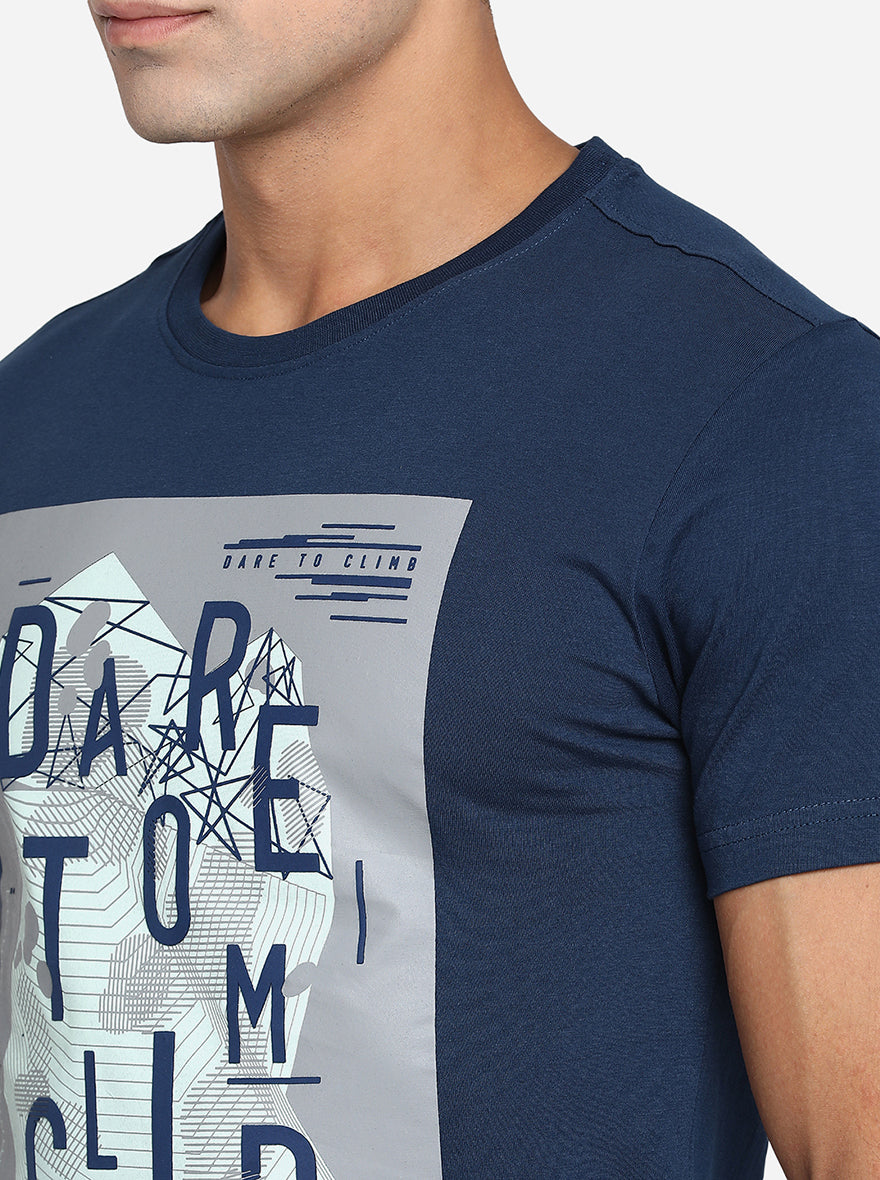 Navy Blue Printed Slim Fit T-Shirt | pehervi