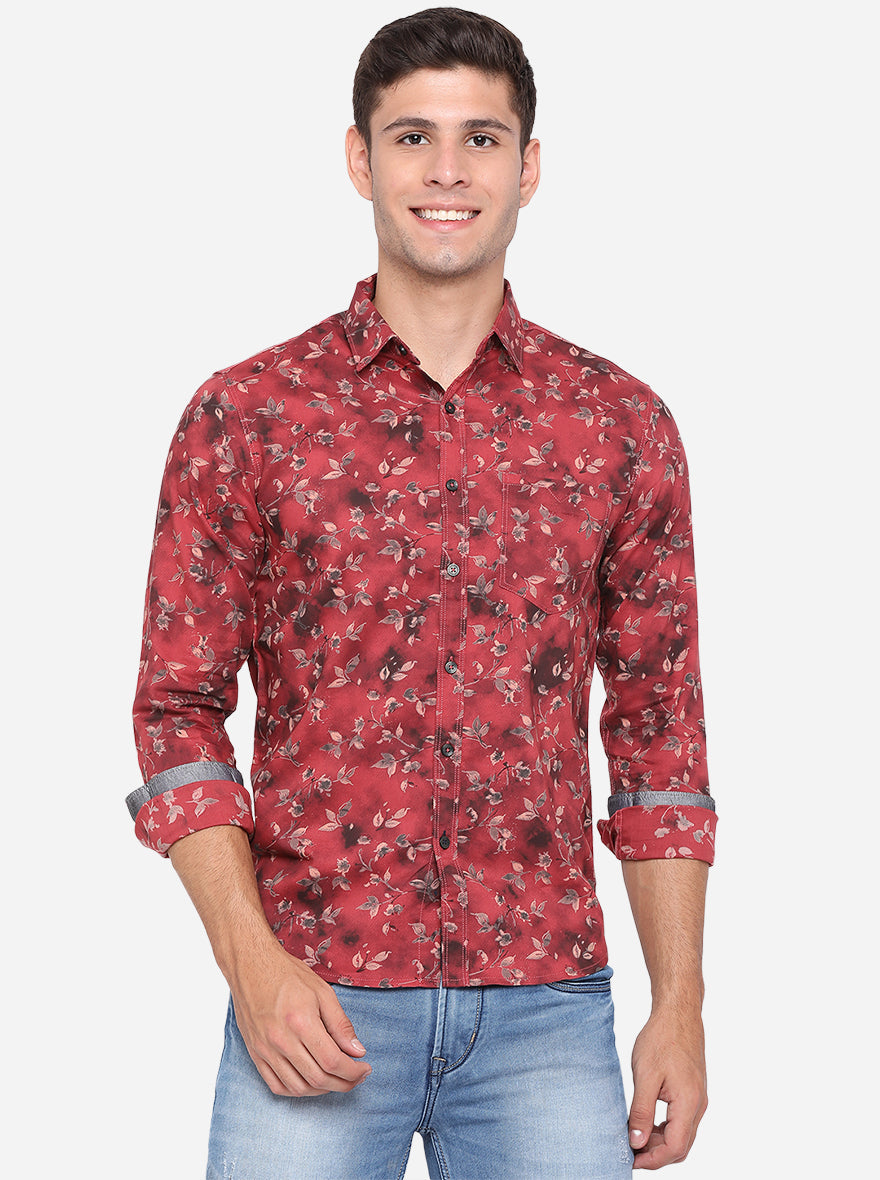 Light Red Printed Slim Fit Semi Casual Shirt | Pehervi