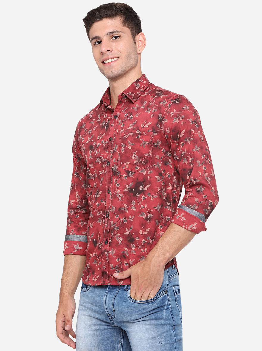 Light Red Printed Slim Fit Semi Casual Shirt | Pehervi
