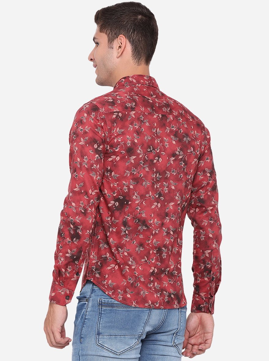 Light Red Printed Slim Fit Semi Casual Shirt | Pehervi