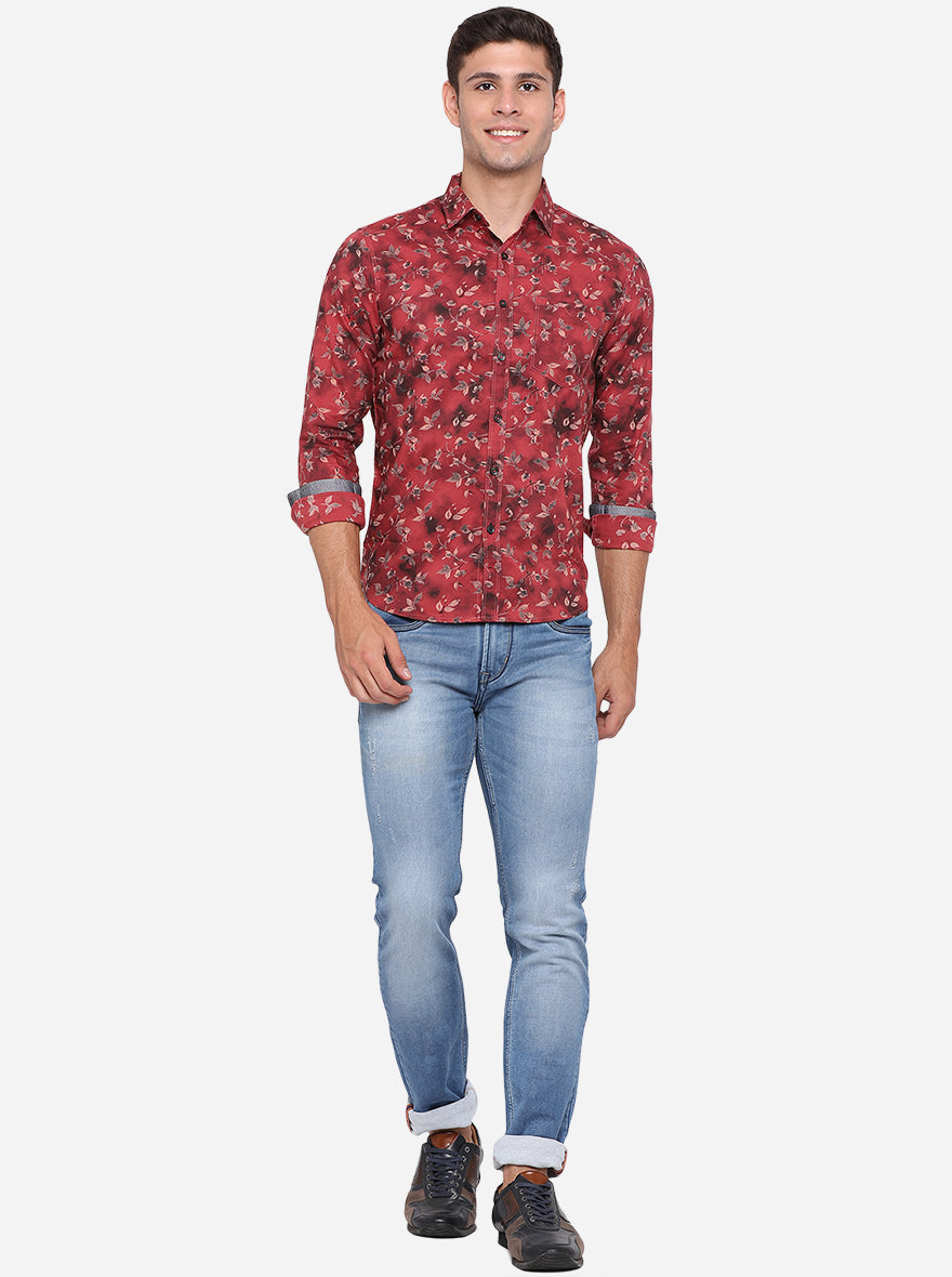 Light Red Printed Slim Fit Semi Casual Shirt | Pehervi