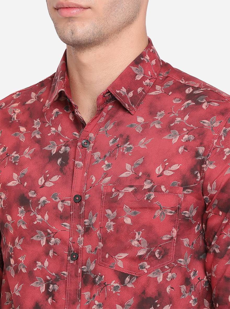 Light Red Printed Slim Fit Semi Casual Shirt | Pehervi