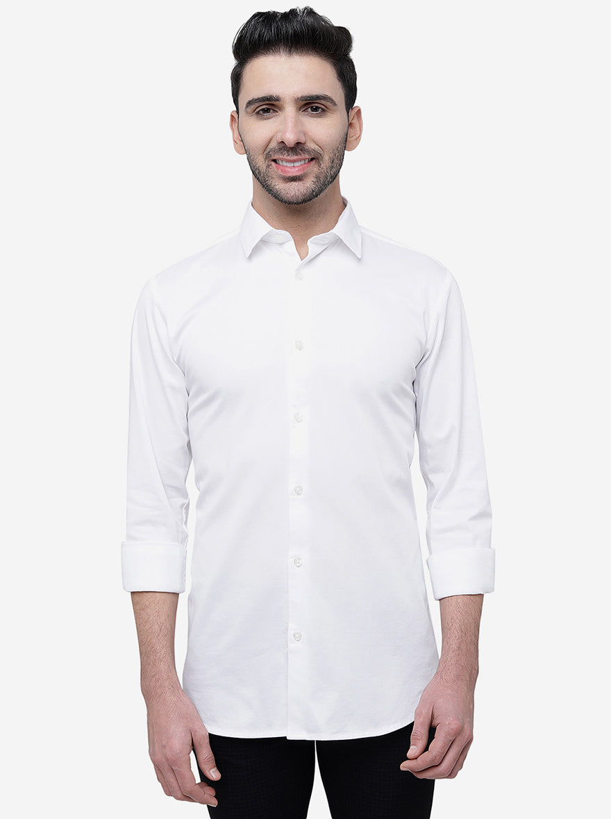 White Solid Slim Fit Semi Casual Shirt | Pehervi