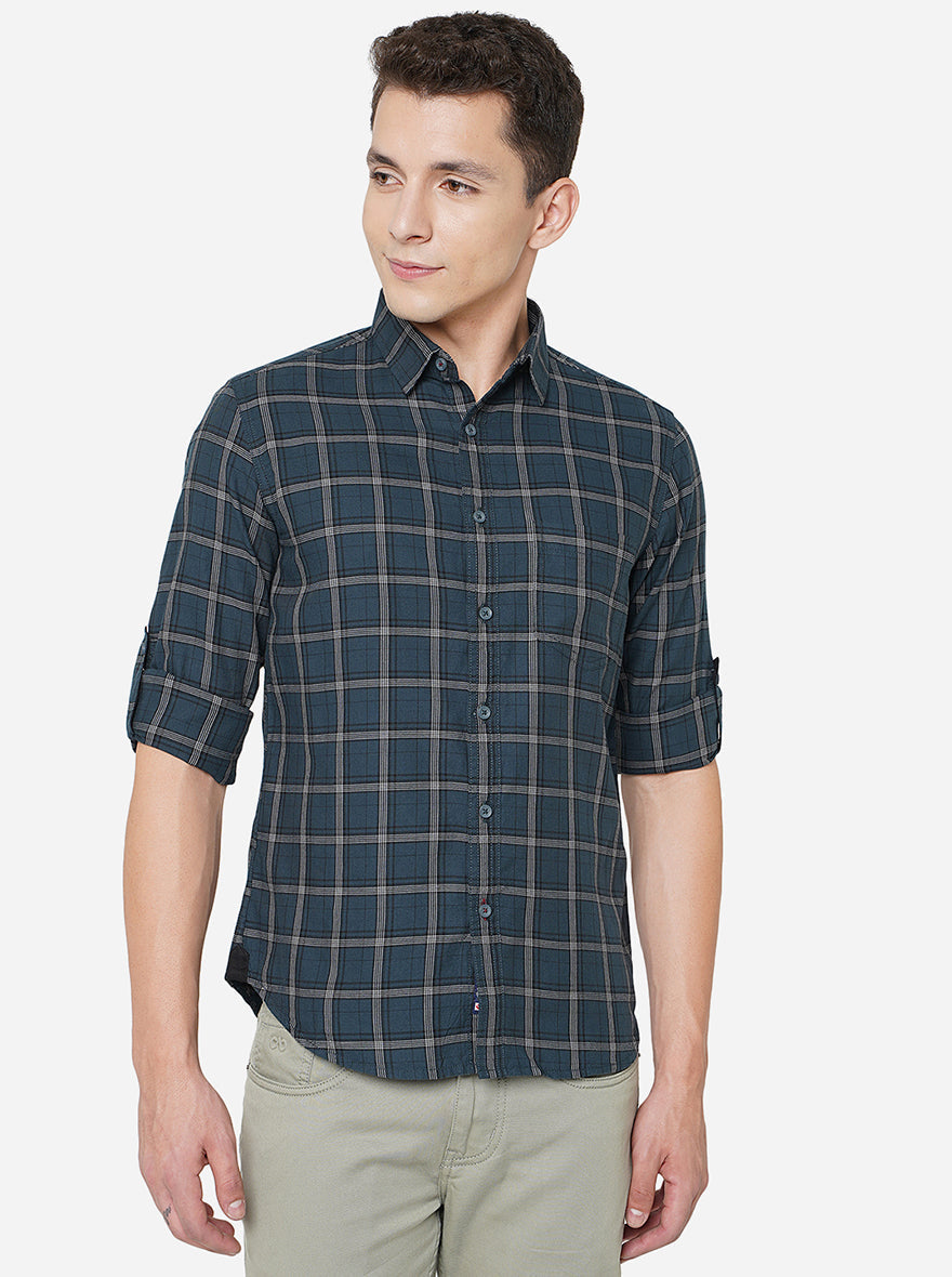Forest Green Checked Slim Fit Semi Casual Shirt | Pehervi