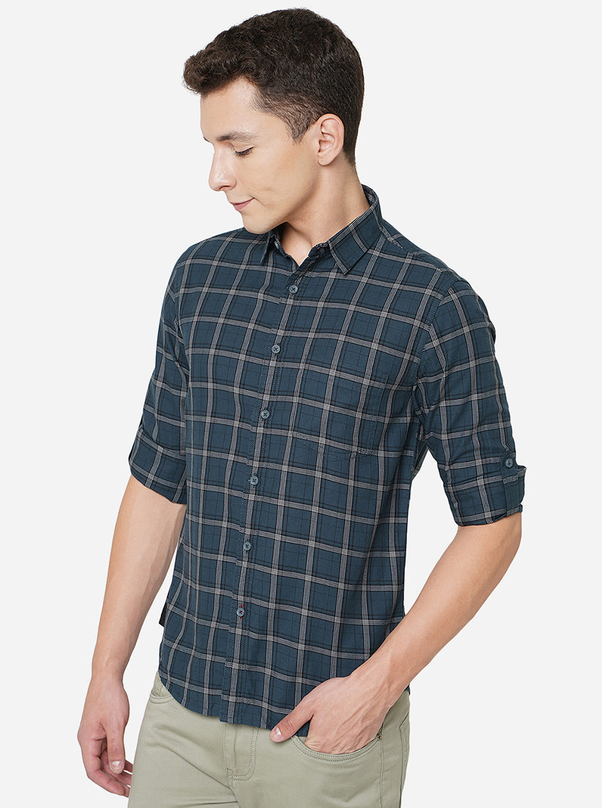 Forest Green Checked Slim Fit Semi Casual Shirt | Pehervi