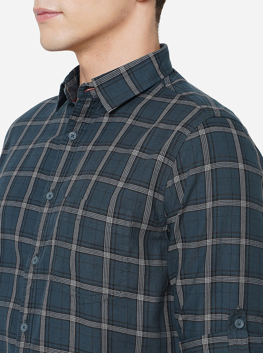 Forest Green Checked Slim Fit Semi Casual Shirt | Pehervi