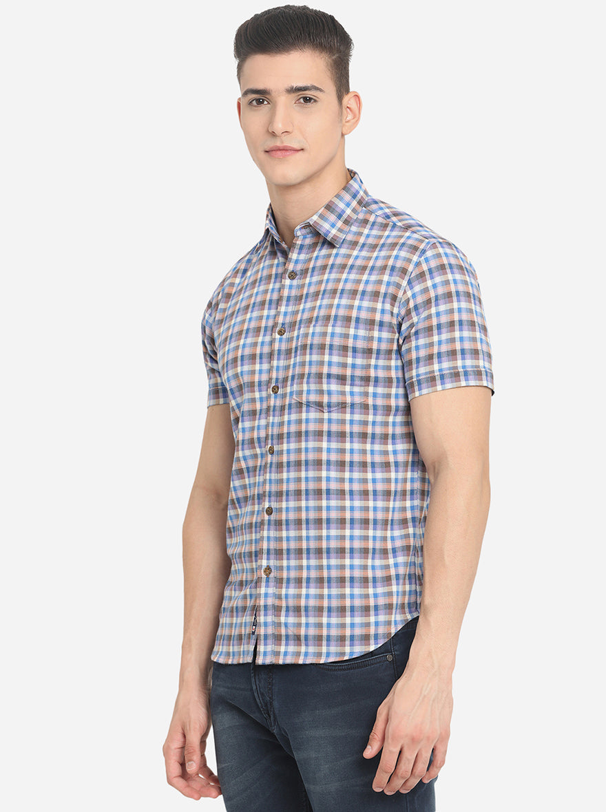 Blue & Brown Checked Slim Fit Semi Casual Shirt | Pehervi